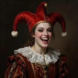 medieval jester laughing, sinister, photograph, portrait,