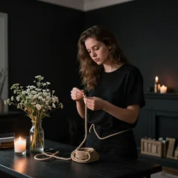 emo girl tying hemp rope in her apartment, ikebana, black walls, candles, moody
