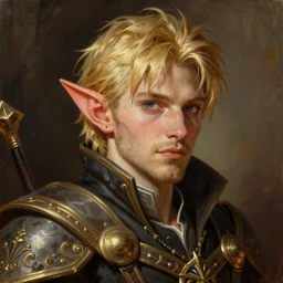 dragon age varric short blonde hair stubble ears peirced dwarf character portrait fancy oil painting warm light, bioware, fantasy, art by studio bind and kyoto animation and wit studio and hyeyoung kim
