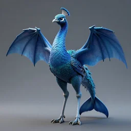 Teyincer. Appearance - A familiar quadruped with a peacock head covered with bony ridges. It has the body of a dragon, dragon wings, a dolphin tail, four medium-length ostrich legs and broad, round feet. The Teyincer's body is covered in delicate feathers, while its front is covered in snake scales. It is completely blue, rule of thirds, rendered in octane, rendered in Corona, rendered in vray, rendered in Arnold, insanely detailed, photorealistic, cinematic, global illumination, no grain