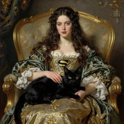 superhero, black cat, woman, long hair, ultra detailed, by greg hildebrandt and j. scott campbell, fancy rococo baroque oil painting high quality clothed in fancy garb