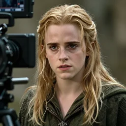 medium shot of emma watson as gandalf in the lord of the rings : the fellowship of the ring ( 2 0 0 1 film ), detailed face, movie still frame, promotional image, arricam studio 3 5 mm footage