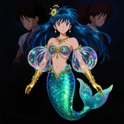 professionally painted realistic blacklight colorful anime celestial mermaid with a fish body, wearing an elegant peacock shirt, with large transparent bubble sleeves, golden gloves, and golden jewelry and gems everywhere, art by yuji ikehata and satoshi kon, background art by miyazaki, proper human proportions