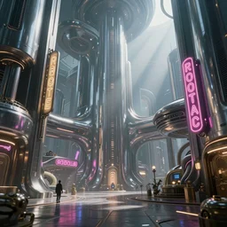 beautiful picture of an alien world with reflective polished metal sleek architecture, steampunk, ultra detailed, neon signs, elegant, trending on artstation, dramatic lighting, light rays and shadows, octane render directed by stanley kubrick