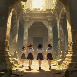 Shool girls walking through the interior of an mytical and ancient temple in ruins, hyperdetailed, artstation, cgsociety, golden hour 8k