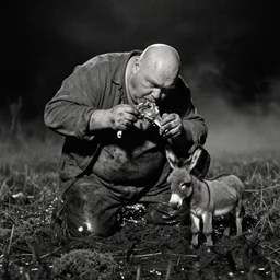 1 9 7 0 s movie still by tarkovsky of! one giant obese old bald man in dirty clothes! eating a leg of lamb with one tiny donkey in a swamp, mossy, by night, cinestill 8 0 0 t 3 5 mm b & w, heavy grain, high quality, noir, natural textures, photorealistic, ambient occlusion, hd, mud, fog,