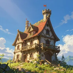 an illustration of the small medieval fantasy house in a castle and beautiful blue sky scenery, cinematic view, epic sky, detailed, concept art, low angle, high detail, warm lighting, volumetric, godrays, vivid, beautiful, trending on artstation, by jordan grimmer, huge scene, grass, art greg rutkowski
