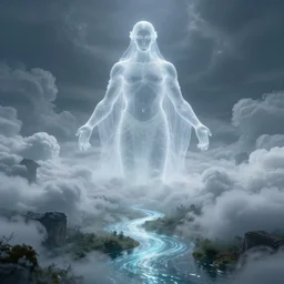 eerie, greek fantasy panorama, a magnificent translucent shining ghost giant in the clouds above the magic shining river styx, at night, otherworldly, ghost giant in the clouds, stanley kubrick, 1 7 mm, wide shot, surreal, deep