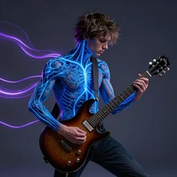 guitarist, by greg rutkowski, by anton fadeev, by rhads, 4 k,, glowing blue veins, purple glowing wires