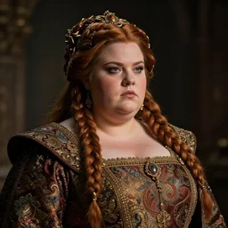 Portrait | chubby female dwarven noblewoman | elaborated brocade dress | complex adorned braided hair | style by greg rutkowski, wayne reynolds, giotto dramatic light | high detail | cinematic lighting | artstation | Regal and Proud fat woman| bold serious expression | dungeons and dragons |