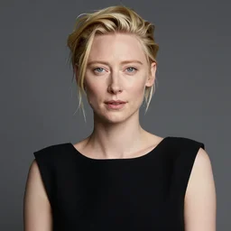 the close - up portrait photo of young tilda swinton weared in black dress in studio