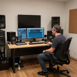 a color photograph of an electronic recording artist\'s basement studio with many things, trending on artstation, hyperrealism