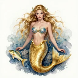 realistic portrait of beautiful siren with her fish, golden, delicate, facing camera, hyper realism, 1 4 5 0, ink, ultra realistic, 8 k