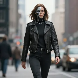 portrait of a female android missing wearing leather jacket with broken face walking around the city, full view, popular on artstation, artstationhd, artstationhq 8 k, volumetric lighting, super focused, no blur, trending on artstation, ultra detailed, by artgerm and james gurney, greg rutkowski