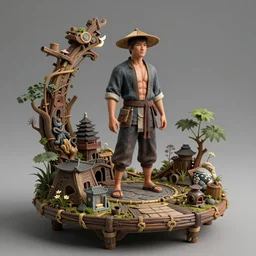 an intricate concept illustration, fantasy, asian farmer on a platform, ultra photorealistic, ultra sharp, artstation, cgsociety, masterpiece, octane render, by wylop, 8 k