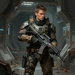 scifi art by Greg Rutkowski, a man in futuristic tactical gear and carrying a futuristic assault rifle, sneaking through the derelict engineering deck of the spaceship, claustrophobic and futuristic environment, detailed and intricate environment, high technology, highly detailed portrait, digital painting, artstation, concept art, smooth, sharp foccus ilustration, Artstation HQ.