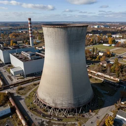 top down aerial view of dilapidated nuclear plant with cooling tower in real life, desolate with zombies, dilapidated, zombies in the streets, nightmarish, some rusted style pipes, sunny weather, few clouds, volumetric lighting, photorealistic, daytime, autumn, sharp focus, ultra detailed, cgsociety