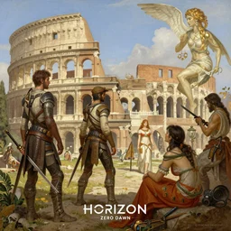 detailed illustrations of horizon zero dawn 2 set in ancient rome, artstation, painting by gaston bussiere and fenhua zhong and ruan jia and conrad roset and alphonse mucha and bouguereau,