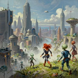 a detailed fantasy painting of a robot city with a lot of aliens running up that hill with Kate Bush, by lauri blank, artgerm, evelyn de morgan, 8K, 50mm lens