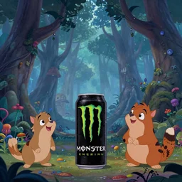 Movie frame from the Monster energy drink coloured Disney animated motion picture released in 1937, beautiful enchanted forest full of Monster energy drink critters, directed by Walt Disney energy drink,  highly detailed background paintings, Monster energy drink monster energy drink monster energy drink