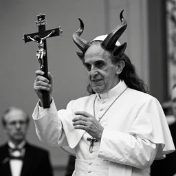 1 9 7 0 s photography, black and white, horned demon from hell dressed like pope john paul ii, blessing, crucifix, religious theme