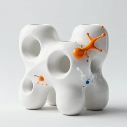 futuristic white bioceramic generative design structures splashed with bright paint, clean and crisp, sharp focus