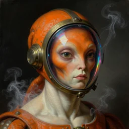 a baroque neoclassicist close - up portrait of an orange and white alien being wearing an iridescent reflective retrofuturistic lovecraftian cyberpunk pilot visor. head, face and shoulders, foggy black background. white smoke. renaissance portrait painting. sci - fi retrofuture. highly detailed science fiction painting by norman rockwell, frank frazetta, syd mead and moebius. rich colors, high contrast, gloomy atmosphere, dark background. trending on artstation.