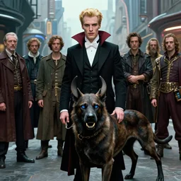 realistic detailed movie shot of an elegant blond male vampire with a cerberus, futuristic street background by denis villeneuve, amano, yves tanguy, alphonse mucha, max ernst, caravaggio, edward robert hughes, roger dean, rich moody colours, dog teeth, cerberus, blue eyes