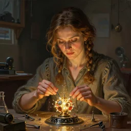 realistic portrait of an engineer woman fixing the samsara holy cluster, fine portrait, concept art, stunning, visionary, in the style of ttrpg book illustrations, in the style of brecht evens, in the style of jean delville