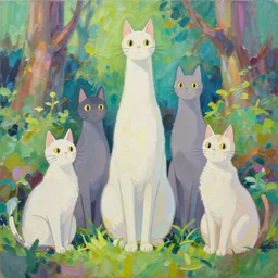 highly detailed contemporary acrylic painting of really tall sitting cats by studio ghibli, thick brush strokes and visible paint layers, dense overgrown forest background, vivid pastel color scheme