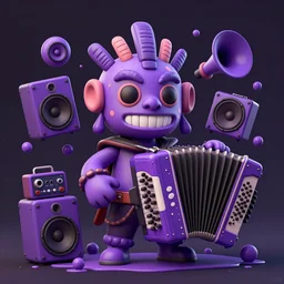 Concept art for a whimsical ultraviolet tribal masked character made of speakers, horns, analog synthesizers, and accordians. dark background, highly detailed digital art, made with photoshop, trending on Artstation. splattered cartoon art.