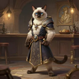 full body photograph of a male anthropomorphic siamese cat fursona white mage in a tavern, deep focus, intricate, elegant, highly detailed, digital painting, artstation, concept art, matte, sharp focus, illustration, d & d, fantasy, hearthstone, art by artgerm and greg rutkowski and alphonse mucha