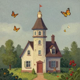 a house with a tower, owl, butterflies, berries, lowbrow in the style of mark ryden and hans arnold, 8 k, from far away,