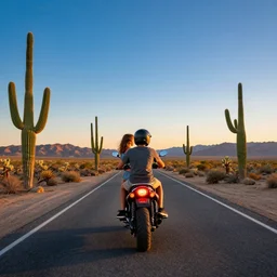 road california desert, sunset, blue sky, cactus, high detailed, boy and girl riding motorbike in center of frame, drive out, realistic photo, by inspired by greg rutkowski, android jones, beeple, rhads, shaun tan, frostbite 3 rendered, octan render, maya