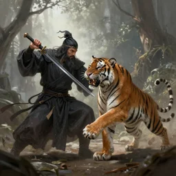 A Wizard battling a Tiger, Photo Credit: National Geographic, digital art, masterpiece; trending on ArtStation; by MotG digital painting by R.J. Palmer