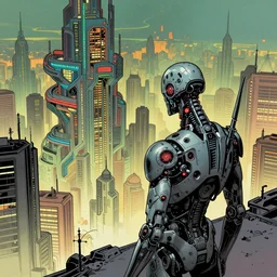 comic book illustration, solitary android looking out over a vast city, bleak, vibrant color, cyberpunk concept art by Moebius and Alphonse Mucha, highly detailed, intricate, sci-fi, sharp focus, Trending on Artstation HQ, deviantart