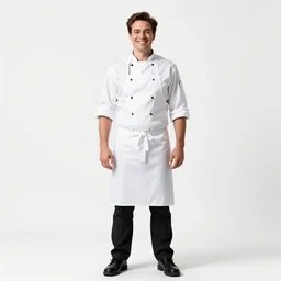 jovial butcher in apron, photorealistic portrait photography, full body, standing, isolated on a pure white background, centered, whole figure in frame, sharp focus, studio lighting