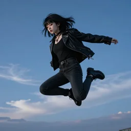 1 7 - year - old pale - skinned girl with black long bob cut, long bangs, black gothic jacket, black jeans, flying through sky, ultra - high jump, late evening, blue hour, cirrus clouds, pearly sky, ultra - realistic, sharp details, subsurface scattering, blue sunshine, intricate details, hd anime, 2 0 1 9 anime