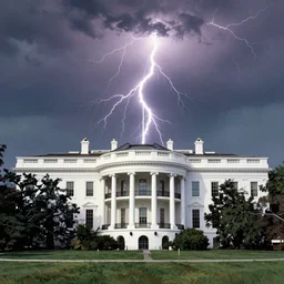 the top of the white house getting struck by lightning, comic book art, album cover, by raymond pettibon