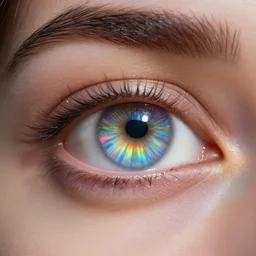 an eye filled with a rainbow reflection as it's imbued with divine creative power, allowing it to see its inner self for the first time