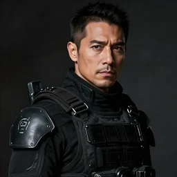 portrait of danny trejo in dark futuristic tactical gear, by jan van eyck