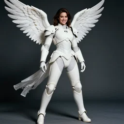 grainy film photograph of battle angel in real life, beautiful, smiles, white plastic armour, high fashion, full body shot, dynamic lighting, passionate, magazine cover, cinematic, highly detailed, sharp focus, art by artgerm and greg rutkowski