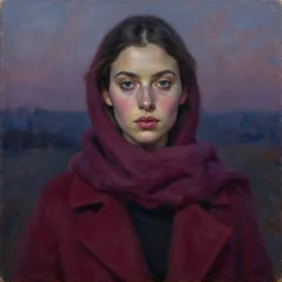 dreamy detailed portrait in femininity, realistic face sculpted features, ethnic, deep clear eyes, statuesque, gazelle - like, coat and scarf, twilight, chiaroscuro, berry color palette, brushy impressionism, contemporary fashion, deep rich hues, oil on canvas