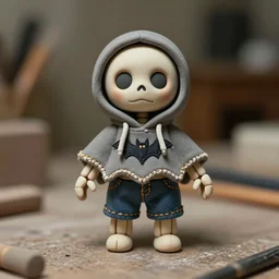 an adorable simple ball jointed skeleton doll lovingly crafted and sculpted by hand from porcelain clay on a toy workbench, wearing a little hand stitched bat poncho hoodie and jean shorts, worms eye view, macro camera lens, cinematic, focus