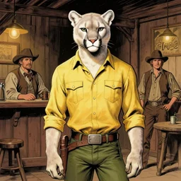 beautiful portrait commission of a male furry anthro!!! albino mountain lion wearing a yellow button-down shirt, olive green slacks. Old-timey saloon. Atmospheric. Renowned character illustration by greg rutkowski, thomas kindkade, alphonse mucha, loish, norman rockwell. detailed, inked, western comic book art
