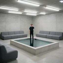 a man taking a selfie in a large minimalistic concrete room upholstered sofas fluorescent ceiling lighting and a rectangular water feature in the center, a tilt shift photo by leandro erlich, featured on cg society, kitsch movement, hall of mirrors, high dynamic range, studio portrait