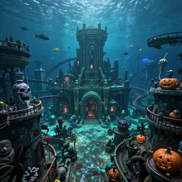 a horror based amusement park during halloween that takes place deep underwater and is built on the idea of the lost city of atlantis, first person perspective looking up, halloween decorations, underwater city, amusement park, spooky, fish in the background, rides, amusement park buildings, deep sea themed, horror themed, fun, high resolution