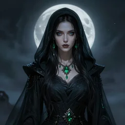 realistic character concept portrait art of a female drow necromancer, emerald trinkets, beautiful face, dark hooded robes, moonlit, ghostly atmosphere, long dark hair, by stanley artgerm lau, wlop, rossdraws, james jean, andrei riabovitchev, marc simonetti, and sakimichan, tranding on artstation