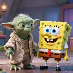 yoda and spongebob squarepants spending time together as friends ultra realistic, high efinition, 8k