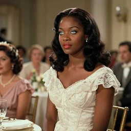 the image is a lost hollywood film still 1 9 4 0 s photograph of a black woman with ebony skin, long hair, and silver - colored eyes attending a wedding banquet, and she stands out from the other guests with her exquisite attire and poise. vibrant cinematography, anamorphic lenses, crisp, detailed image in 4 k resolution.